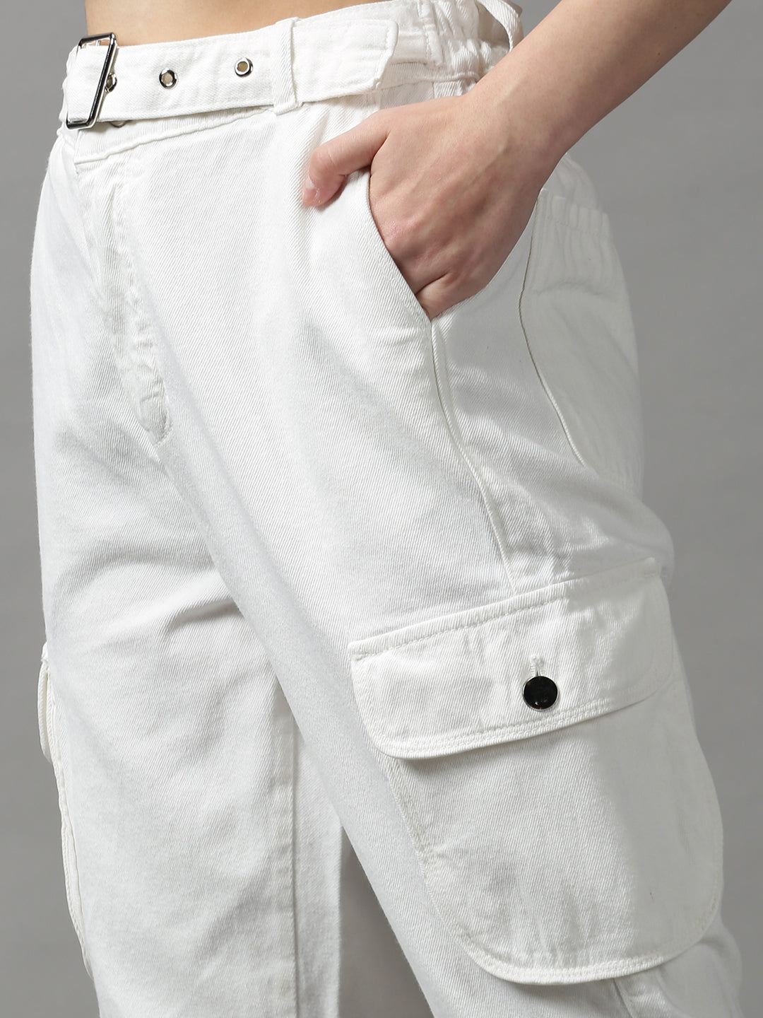 Women's White Solid Jogger Denim Jeans