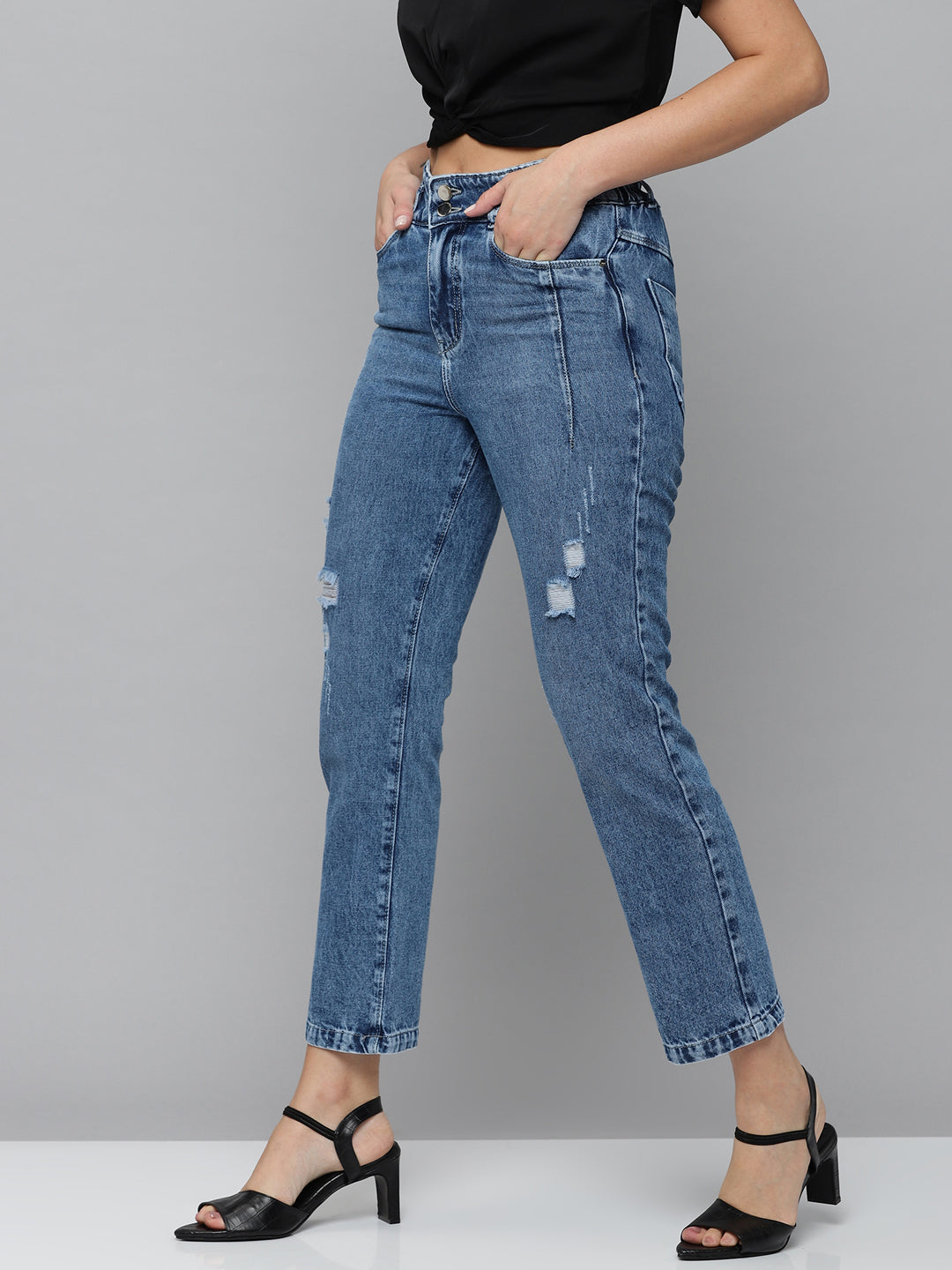 Women's Blue Jean Straight Fit High-Rise Mildly Distressed Light Fade Jeans