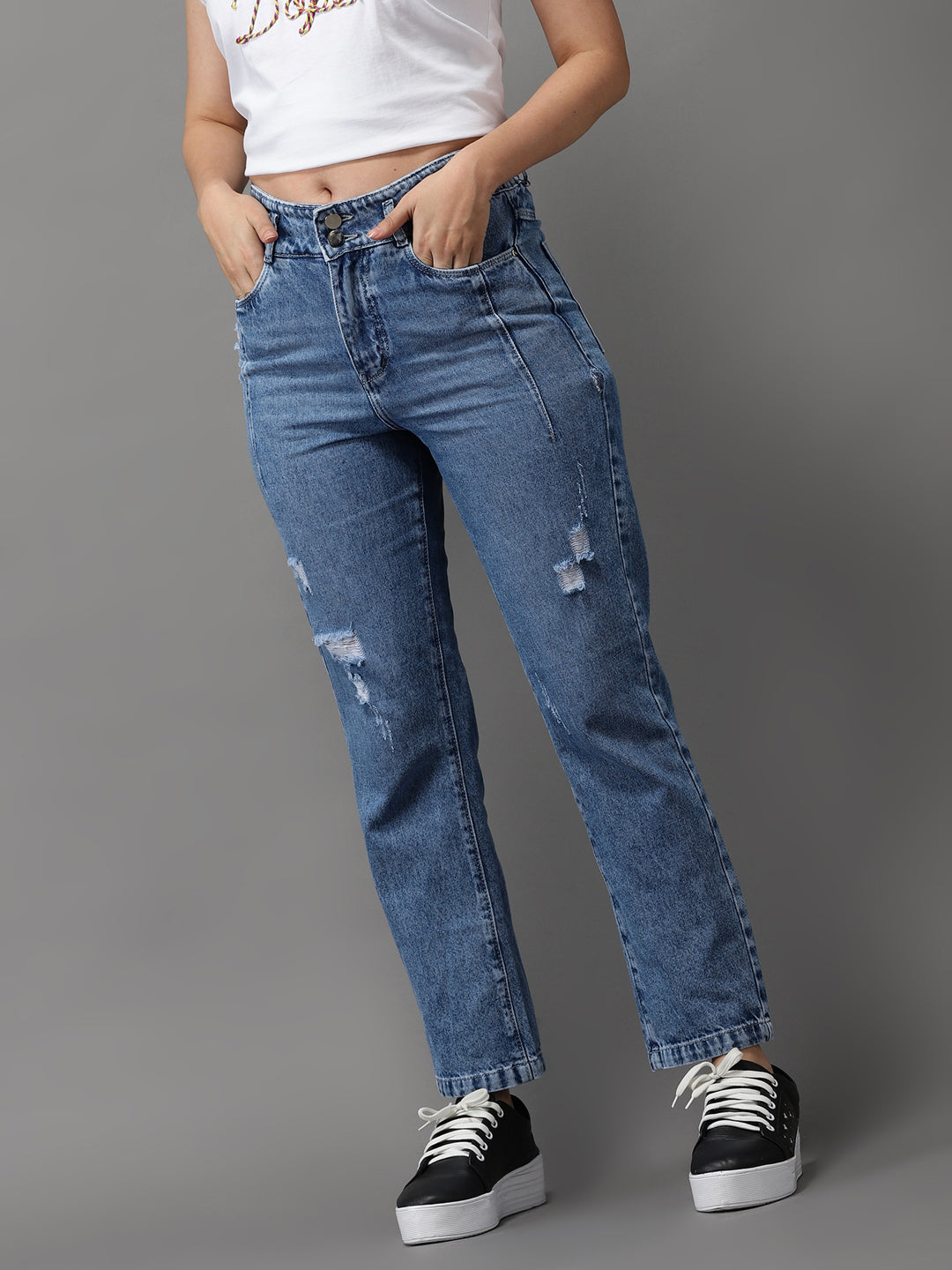 Women's Blue Jean Straight Fit High-Rise Mildly Distressed Light Fade Jeans