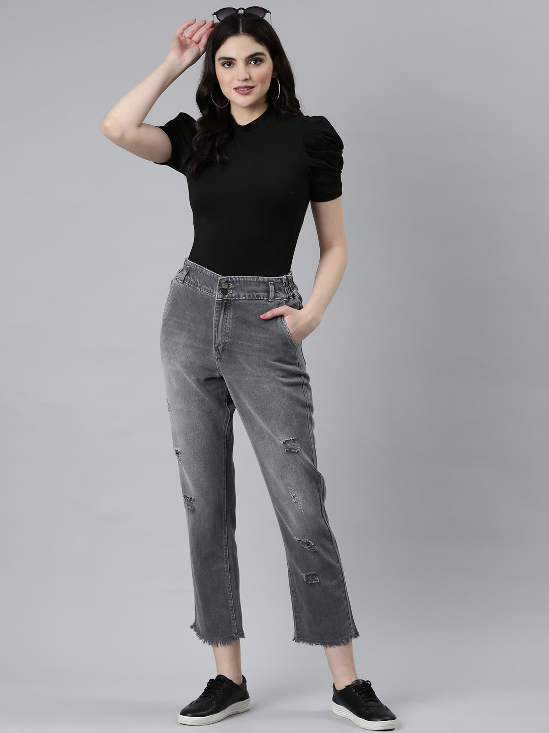 Women Grey Solid Boyfriend Fit Denim Jeans