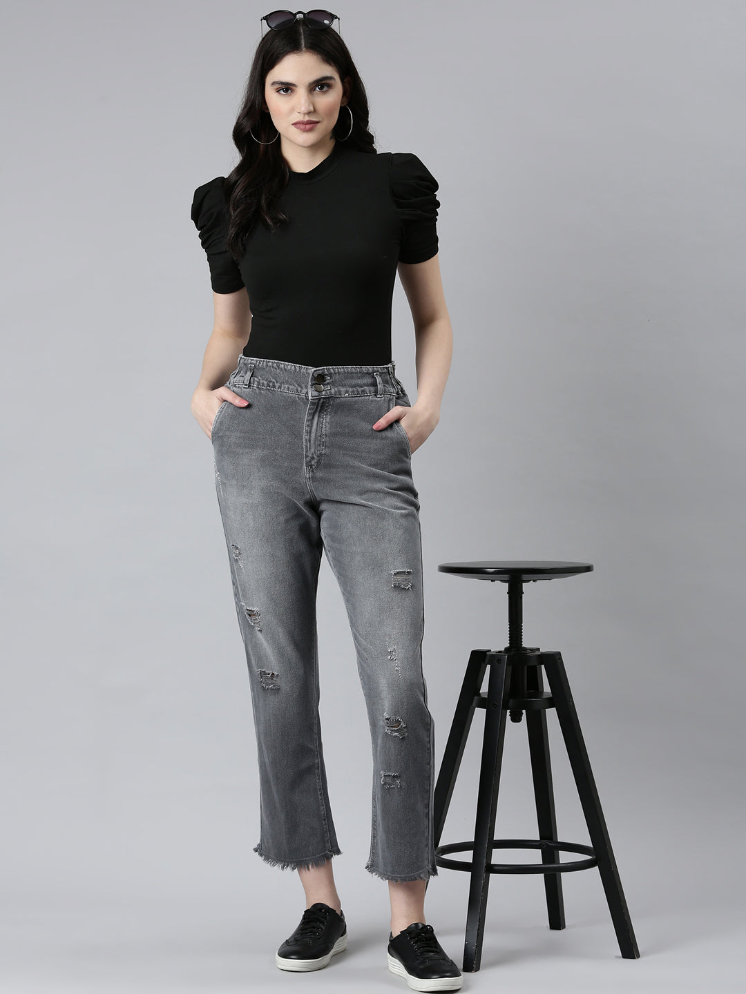 Women Grey Solid Boyfriend Fit Denim Jeans