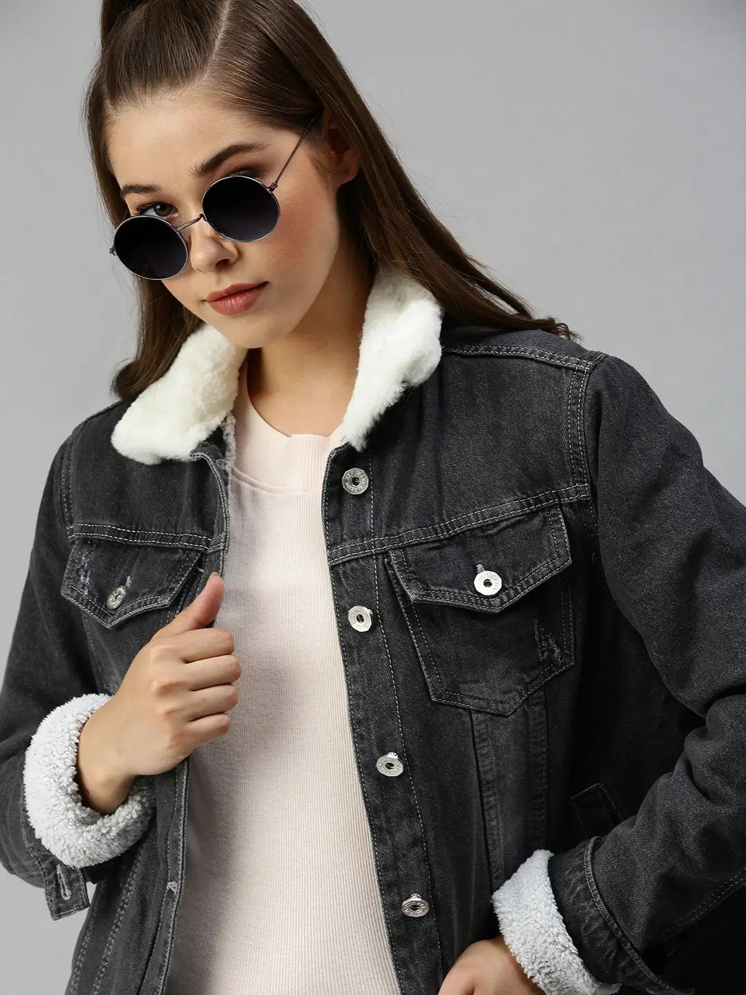 Women's Grey Solid Denim Jacket Jackets