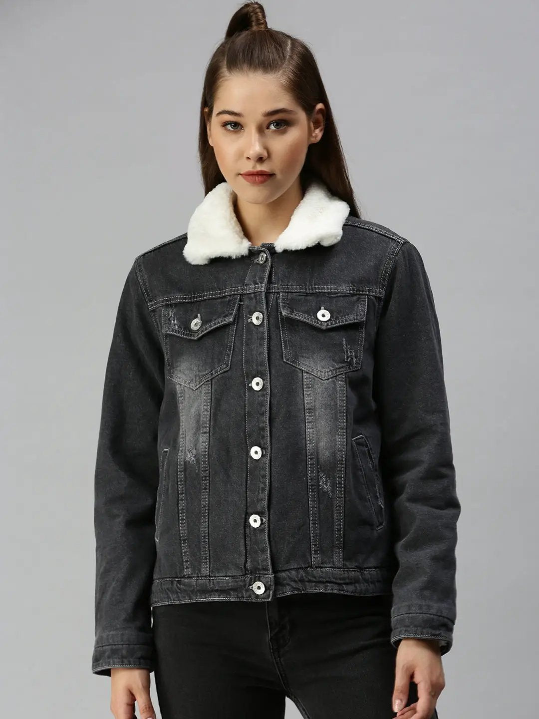 Women's Grey Solid Denim Jacket Jackets
