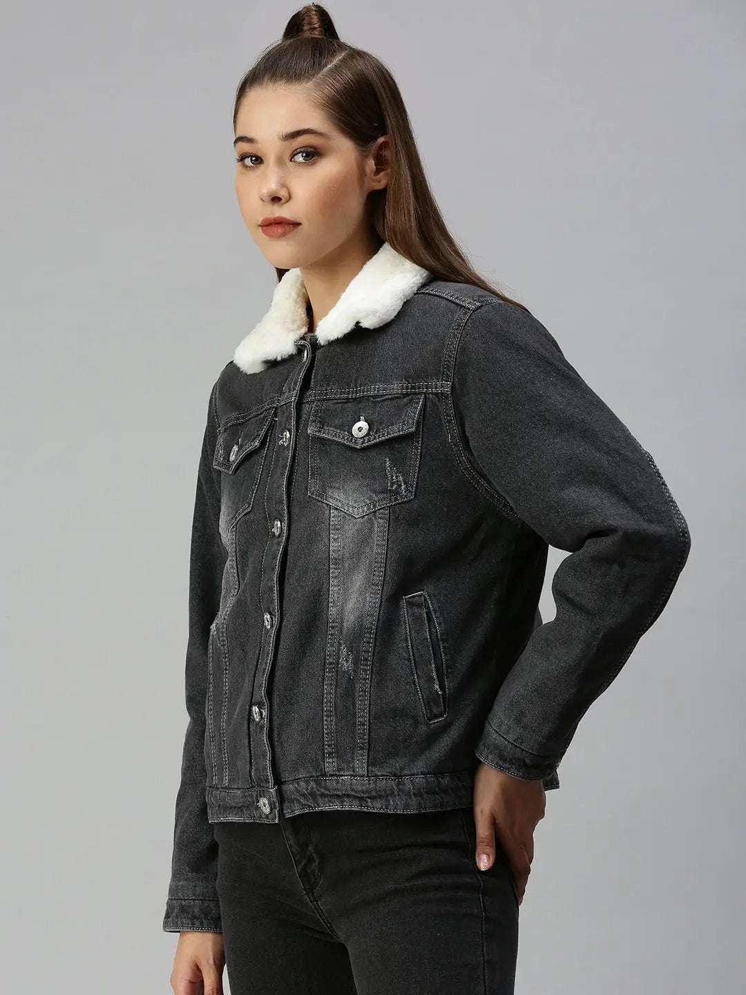 Women's Grey Solid Denim Jacket Jackets