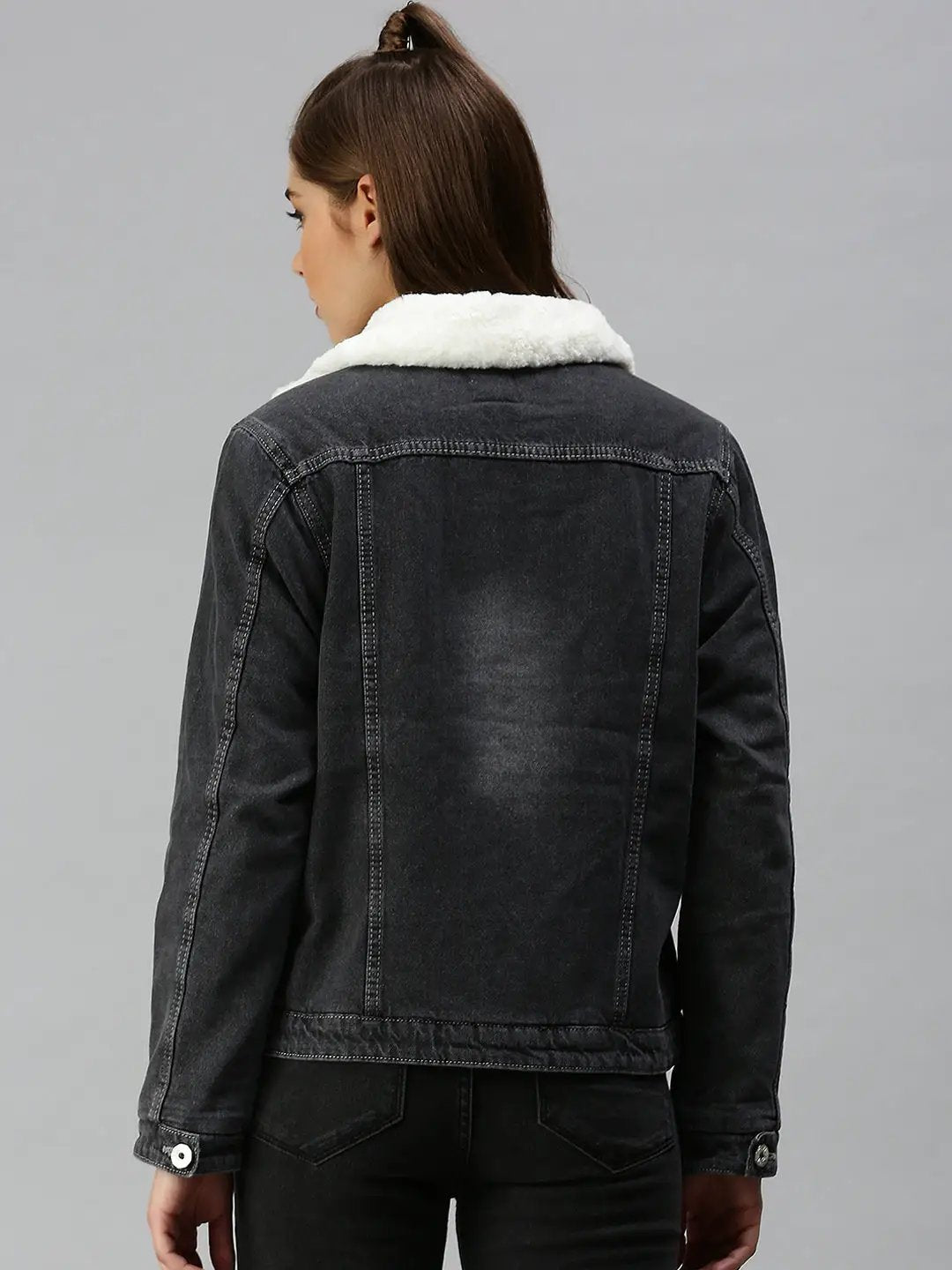 Women's Grey Solid Denim Jacket Jackets