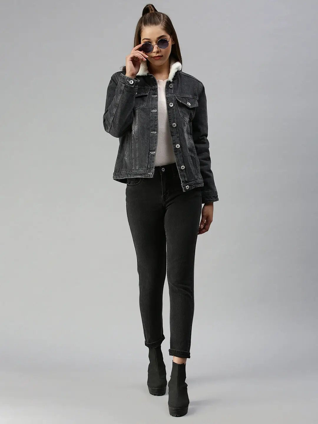 Women's Grey Solid Denim Jacket Jackets
