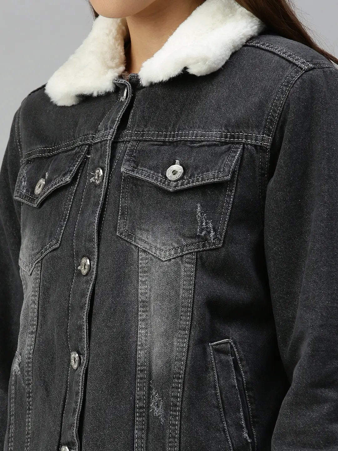 Women's Grey Solid Denim Jacket Jackets