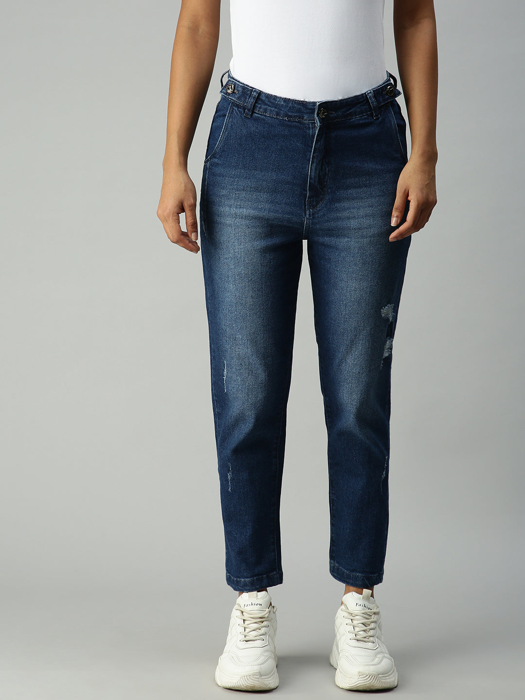 Women's Blue Solid Denim Boyfriend Fit Jeans