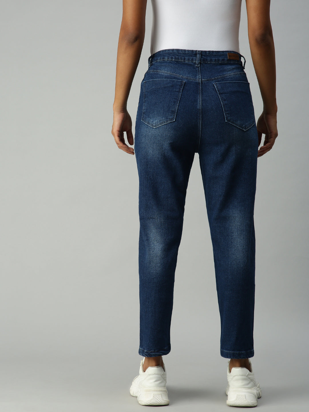 Women's Blue Solid Denim Boyfriend Fit Jeans