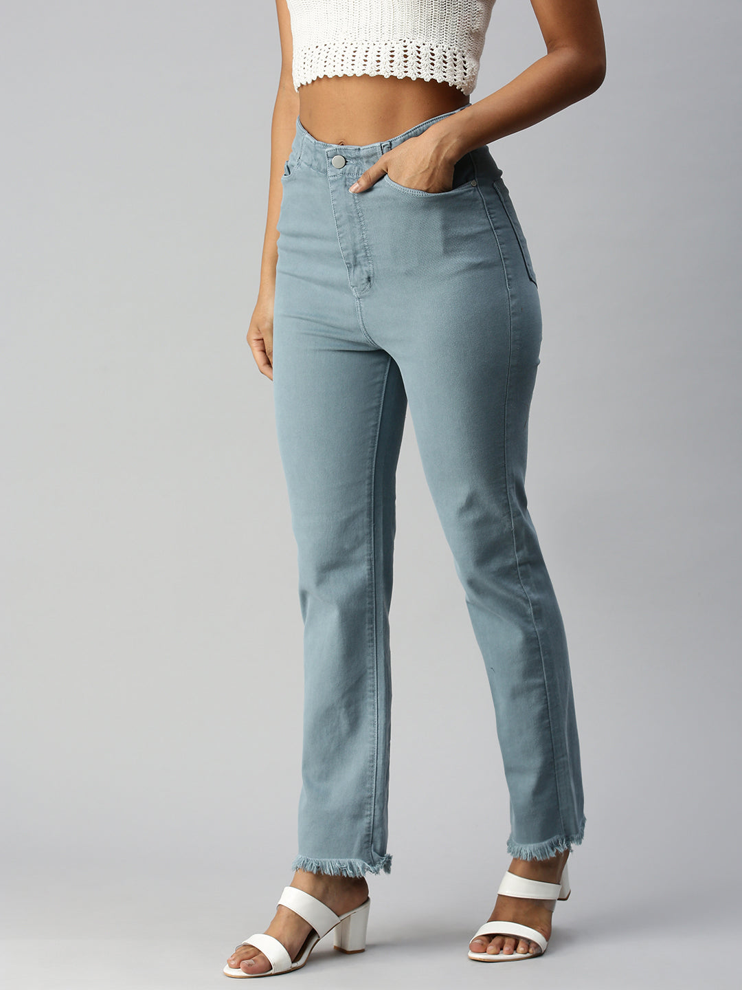 Women's Blue Solid Denim Relaxed Jeans