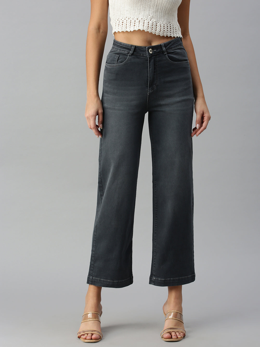 Women's Grey Solid Denim Wide Leg Jeans