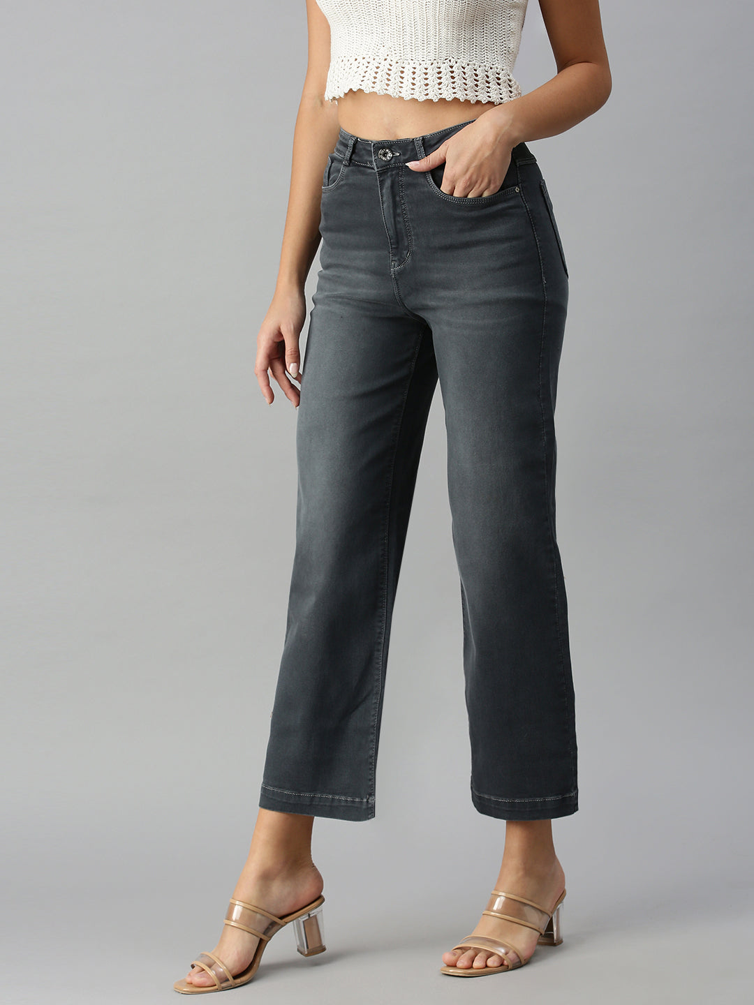 Women's Grey Solid Denim Wide Leg Jeans