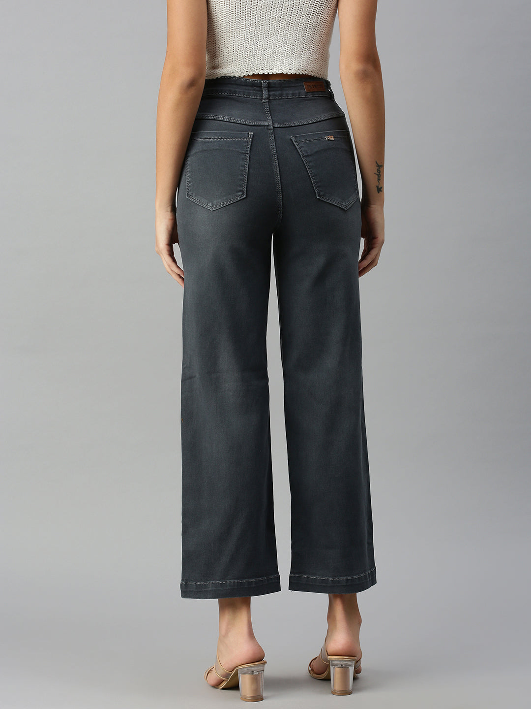 Women's Grey Solid Denim Wide Leg Jeans