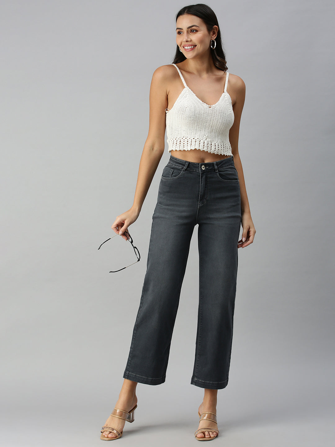 Women's Grey Solid Denim Wide Leg Jeans