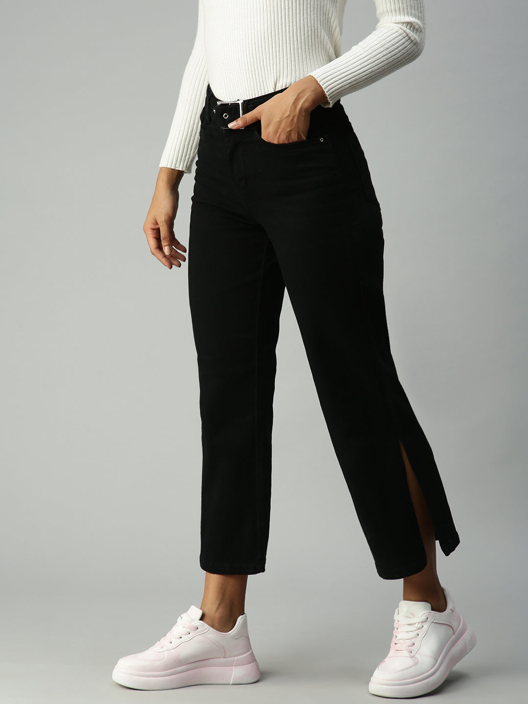 Women's Black Solid Denim Wide Leg Jeans