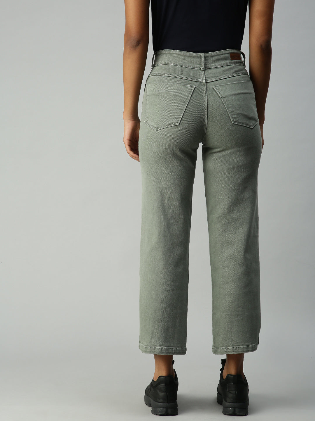 Women's Olive Solid Denim Wide Leg Jeans