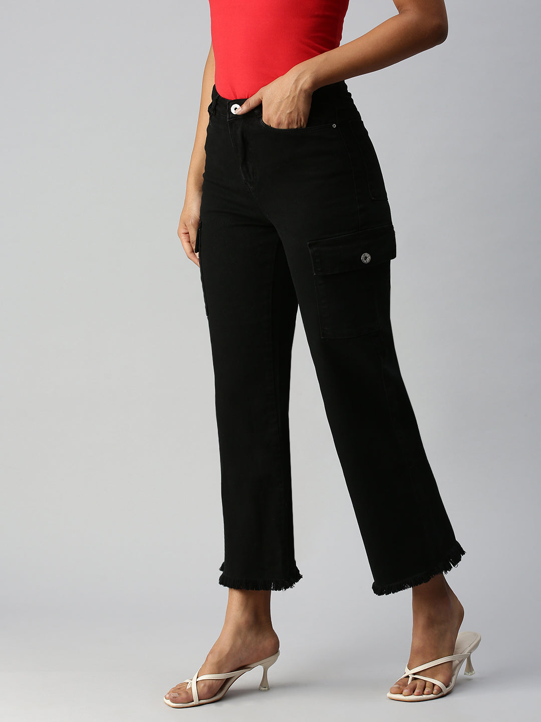 Women's Black Solid Denim Wide Leg Jeans