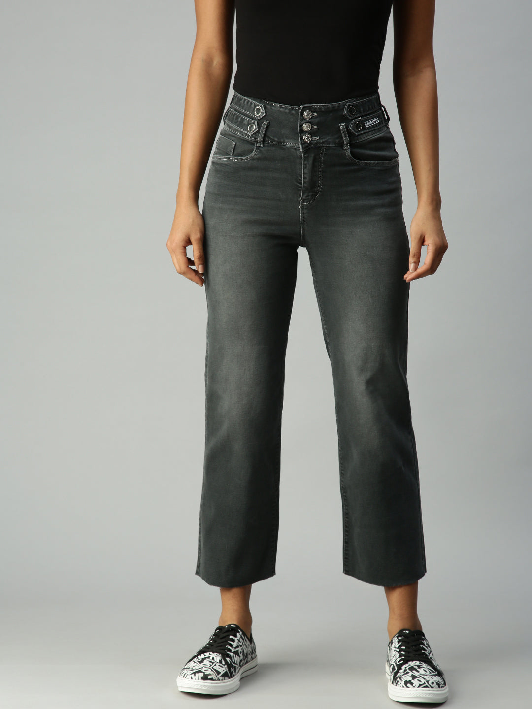 Women's Grey Solid Denim Wide Leg Jeans