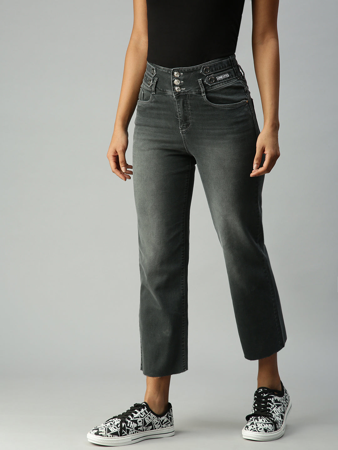 Women's Grey Solid Denim Wide Leg Jeans