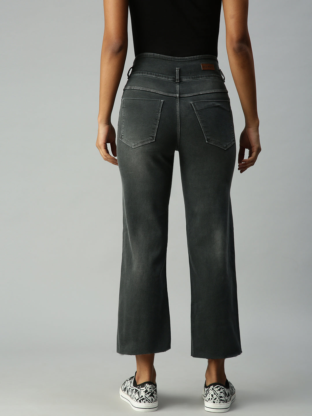 Women's Grey Solid Denim Wide Leg Jeans