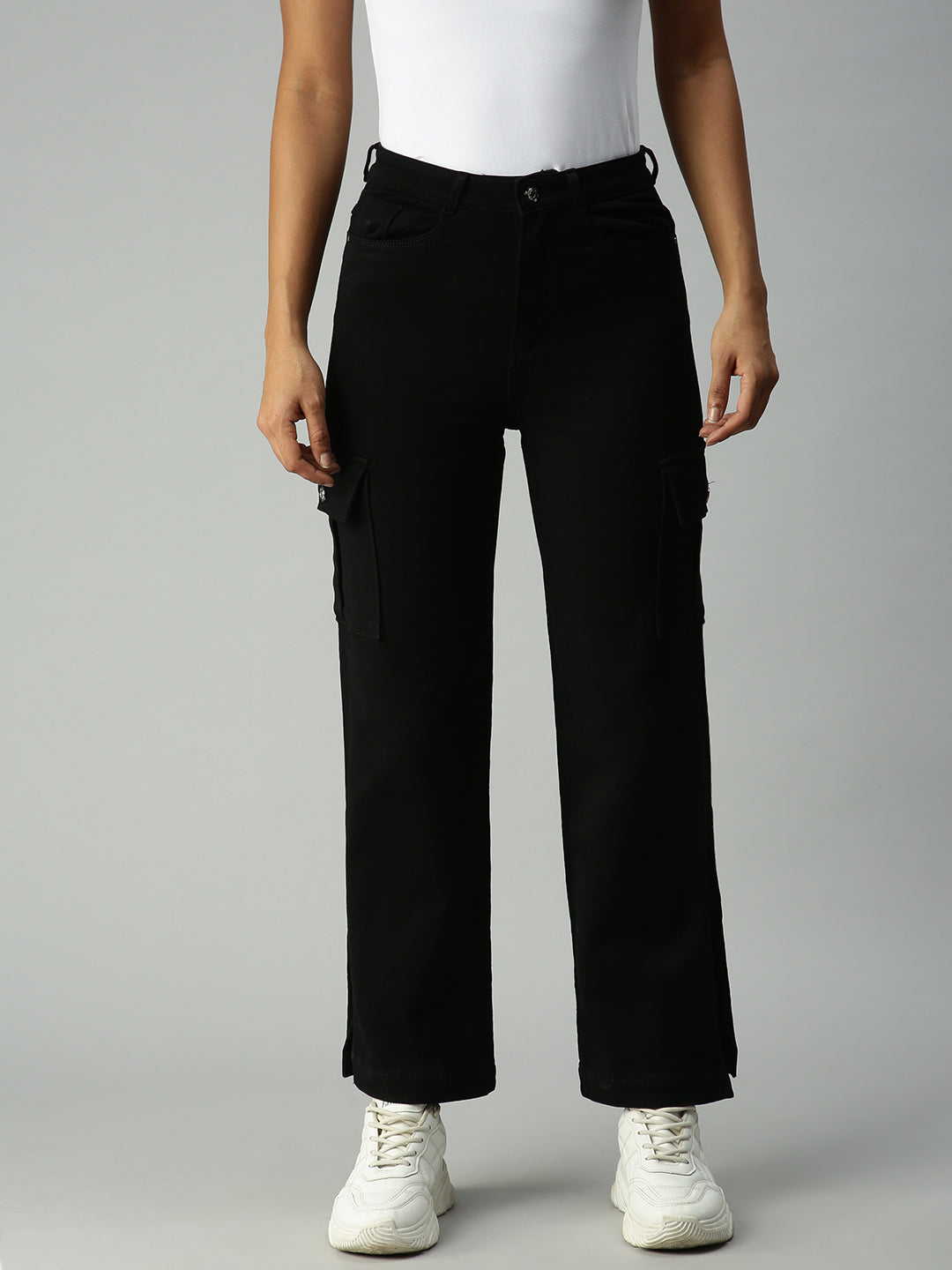 Women's Black Solid Denim Wide Leg Jeans