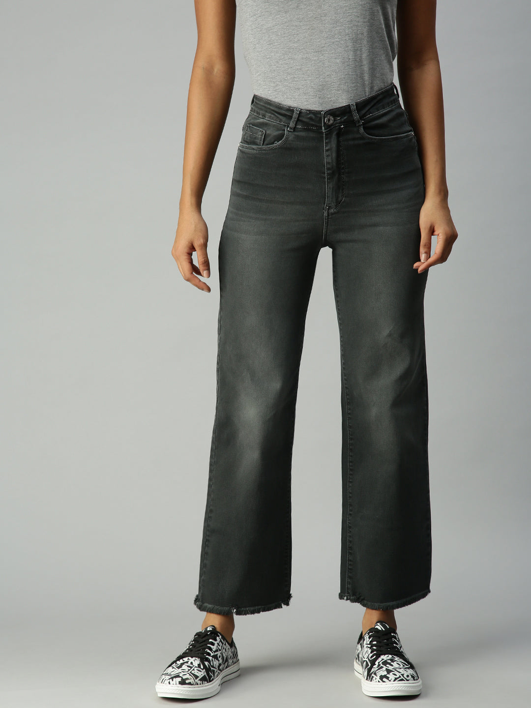 Women's Grey Solid Denim Wide Leg Jeans