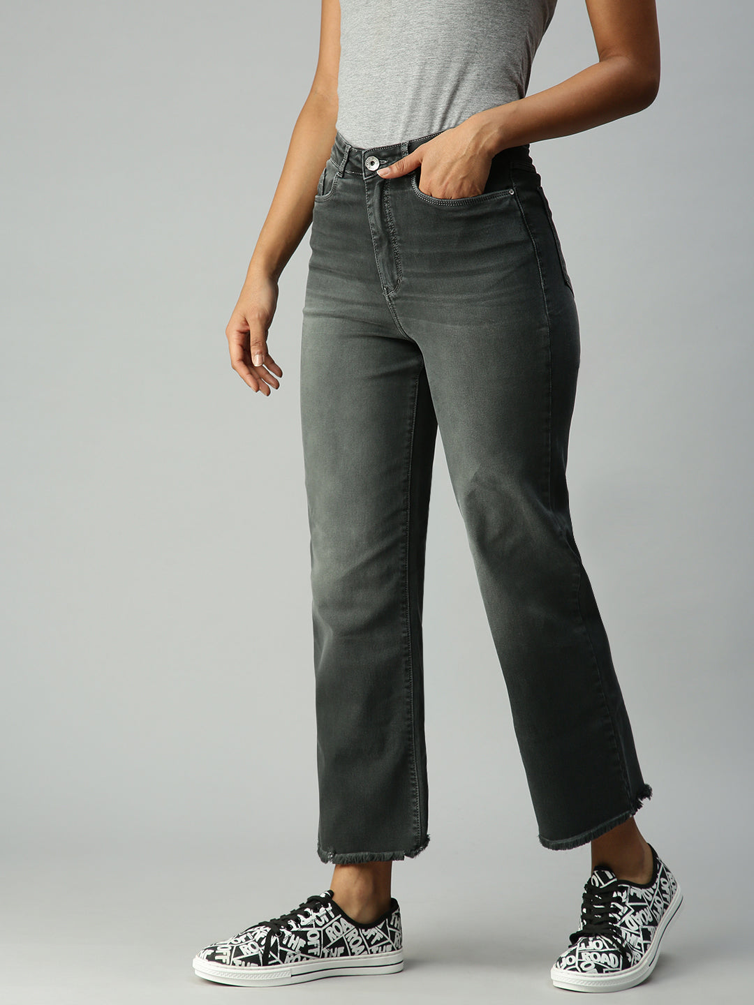 Women's Grey Solid Denim Wide Leg Jeans