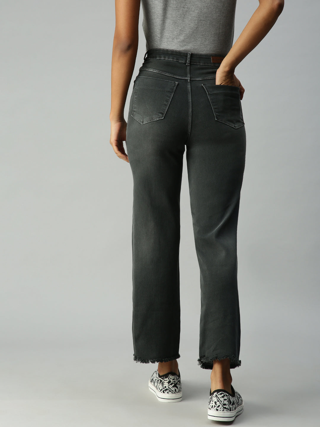 Women's Grey Solid Denim Wide Leg Jeans