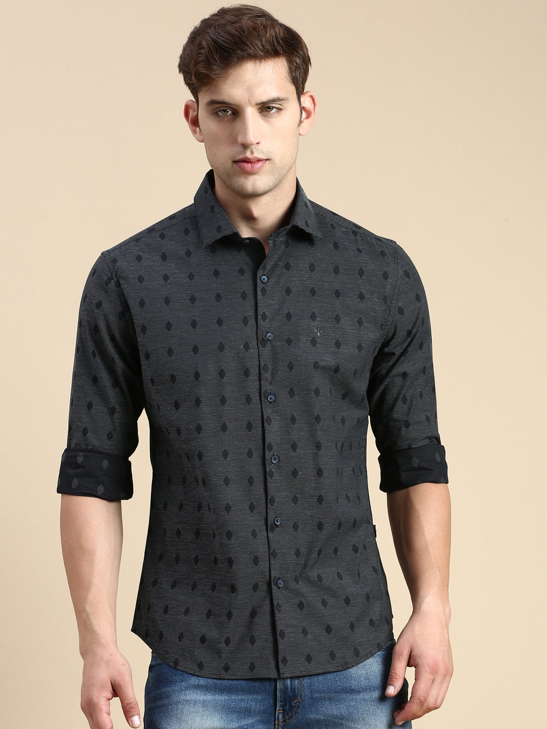 Men Navy Solid Casual Shirt