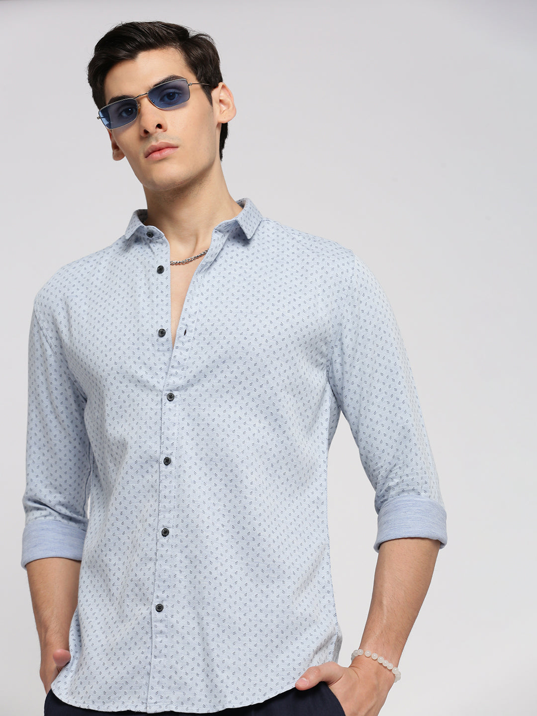 Men Blue Spread Collar Micro Ditsy Shirt