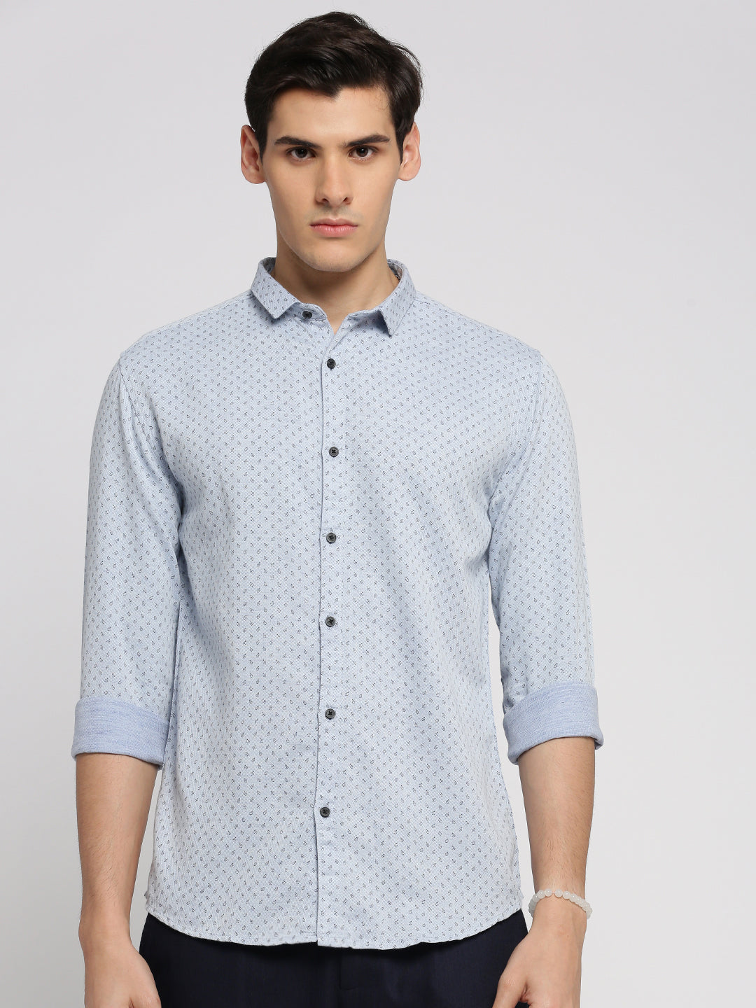 Men Blue Spread Collar Micro Ditsy Shirt