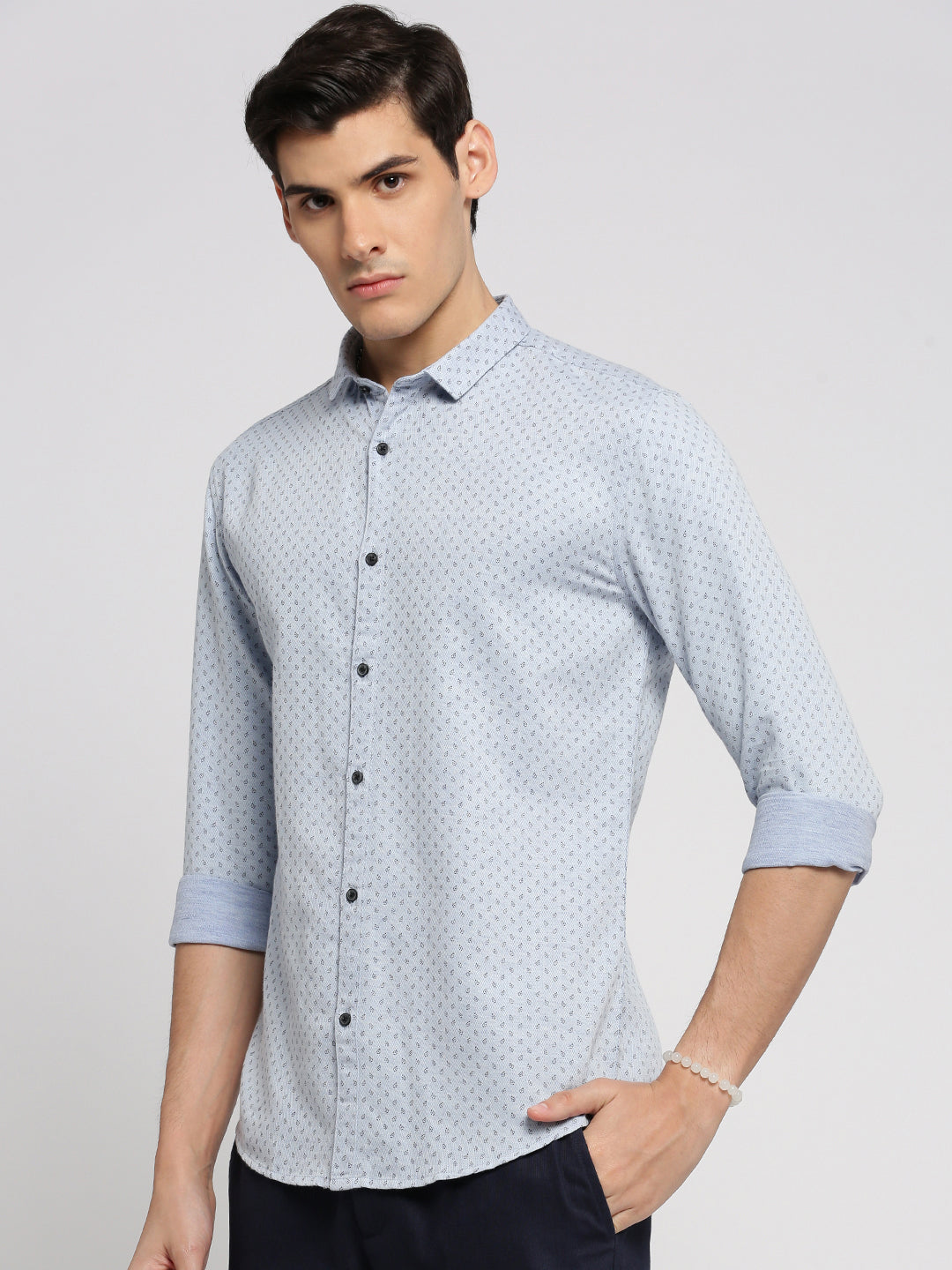 Men Blue Spread Collar Micro Ditsy Shirt