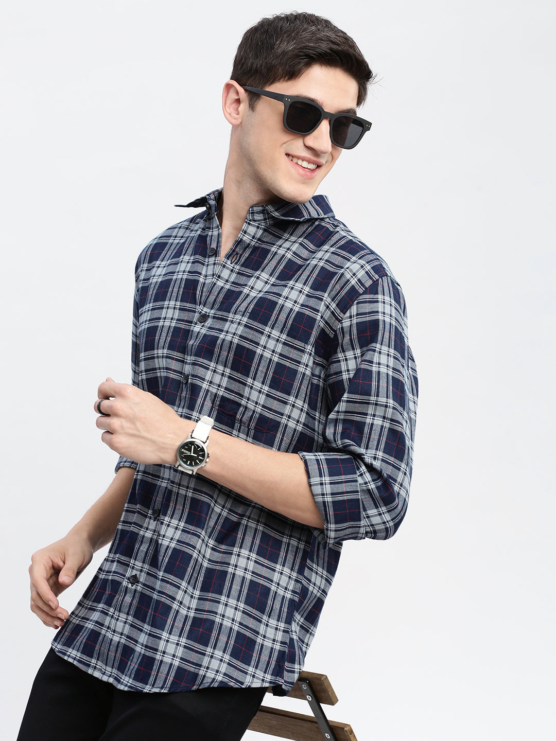 Men Spread Collar Tartan Checks Grey Shirt