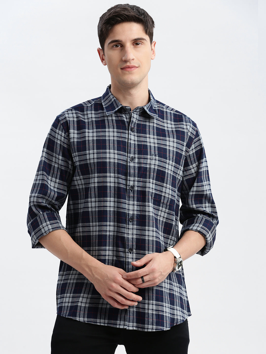 Men Spread Collar Tartan Checks Grey Shirt