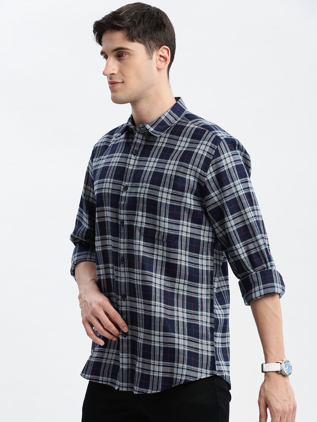 Men Spread Collar Tartan Checks Grey Shirt