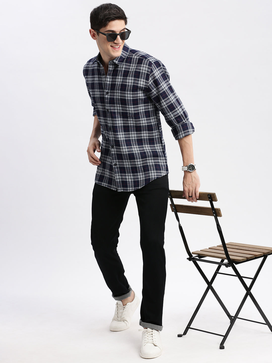 Men Spread Collar Tartan Checks Grey Shirt