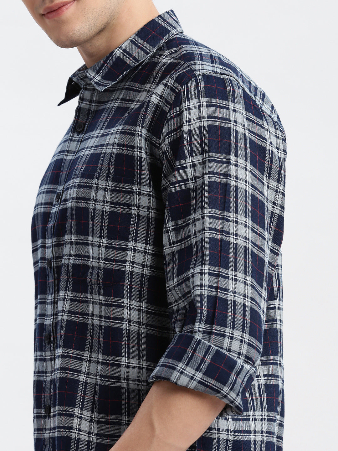 Men Spread Collar Tartan Checks Grey Shirt