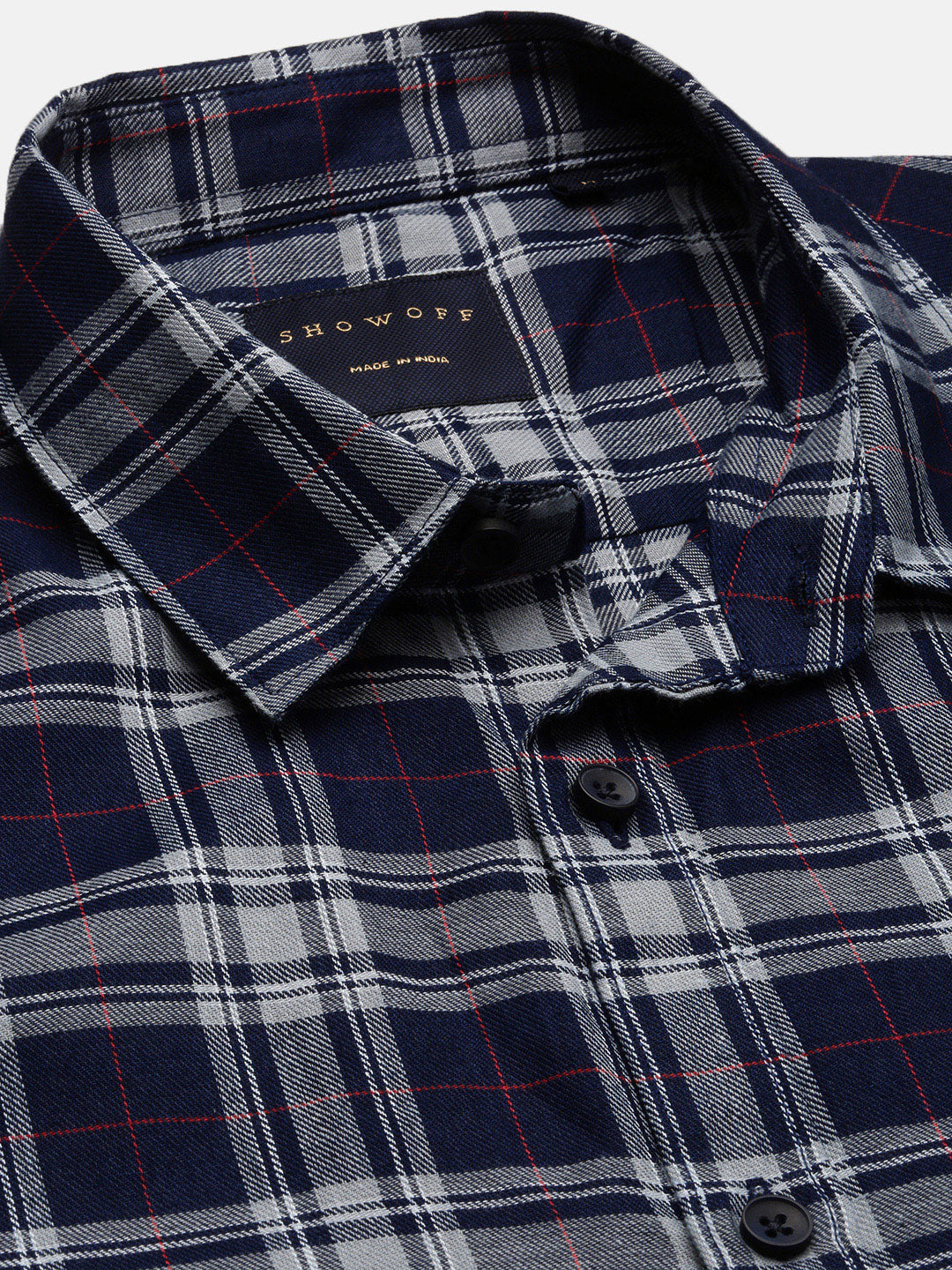 Men Spread Collar Tartan Checks Grey Shirt