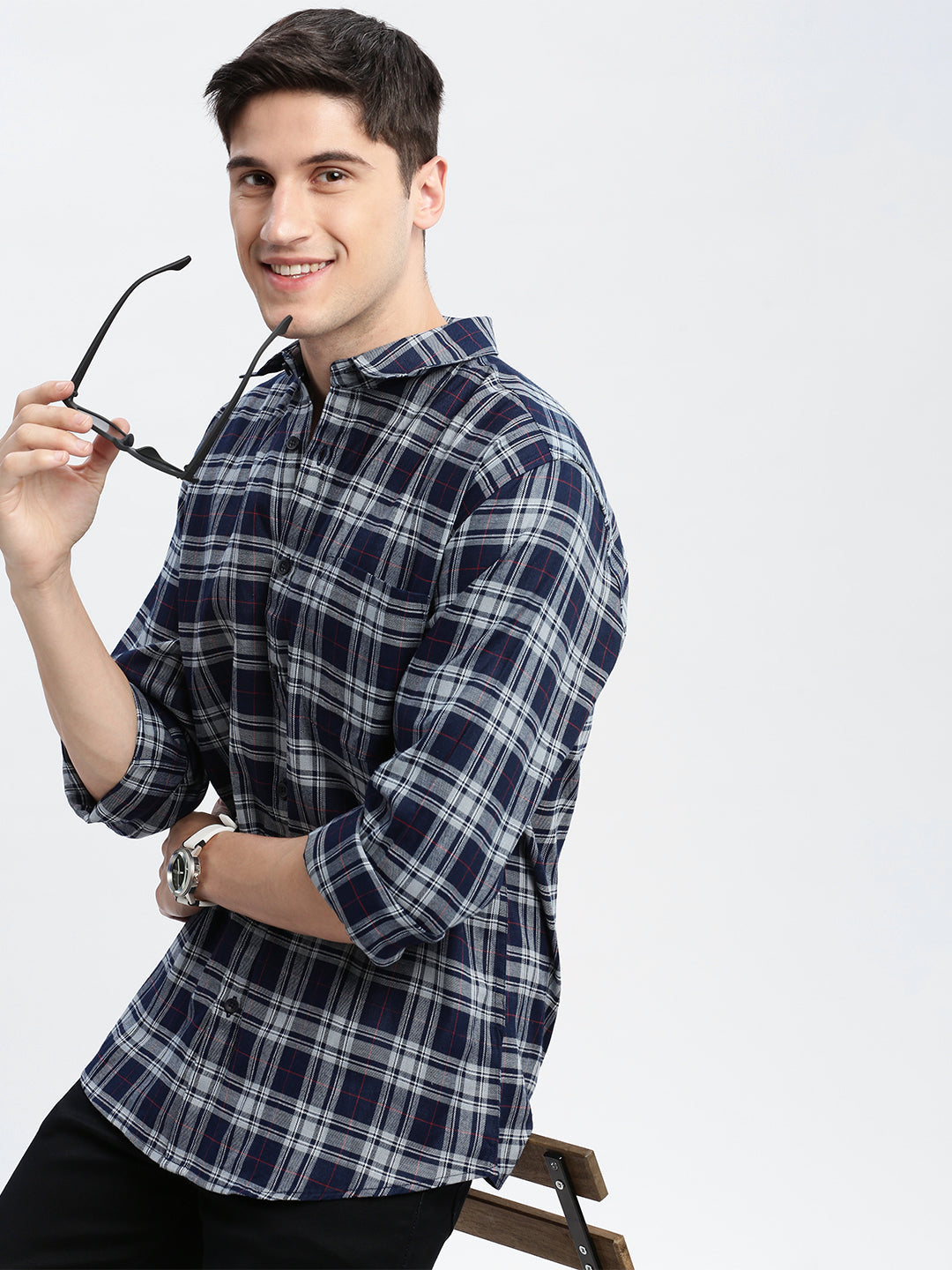 Men Spread Collar Tartan Checks Grey Shirt