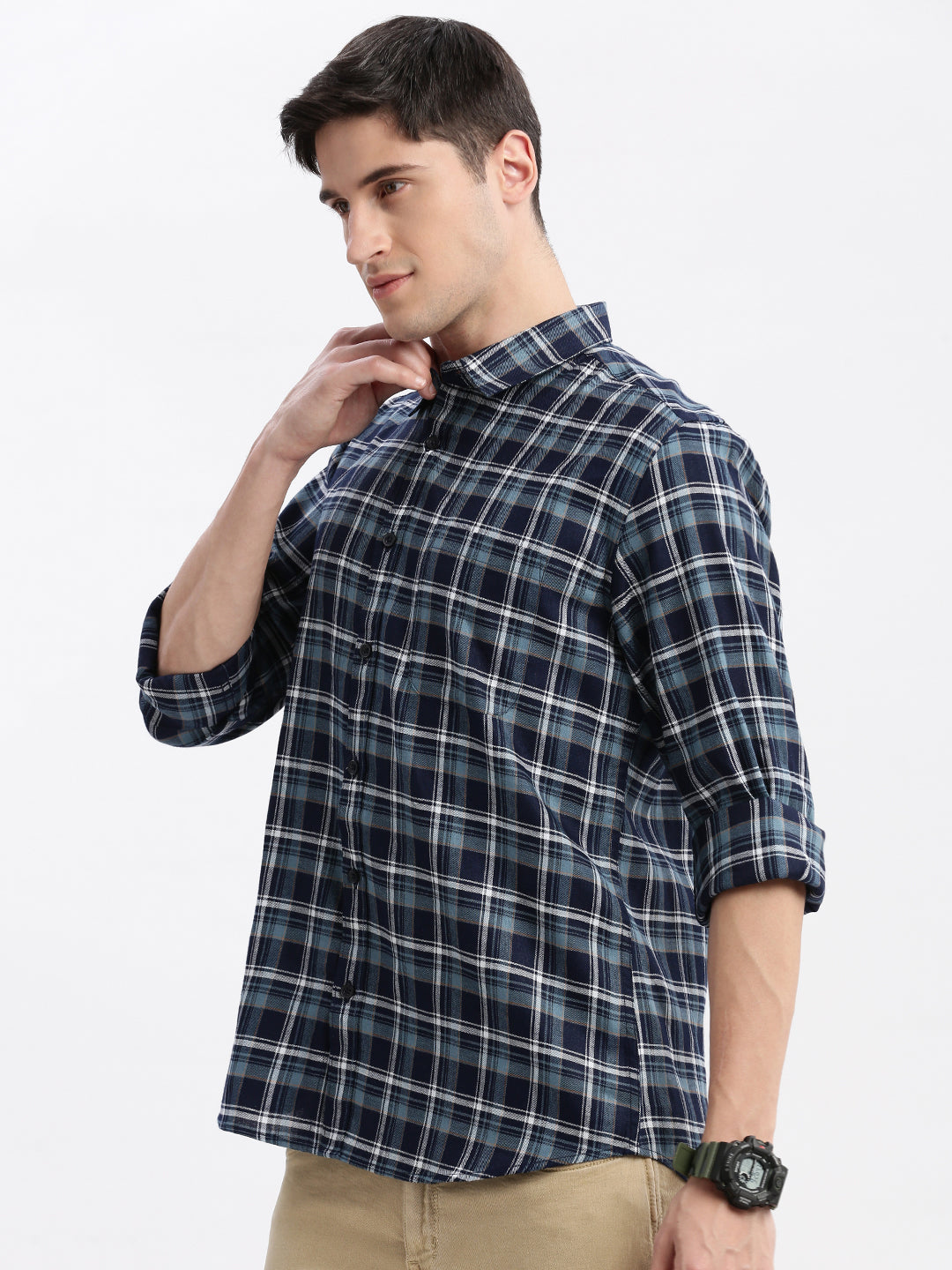 Men Spread Collar Tartan Checks Navy Blue Shirt