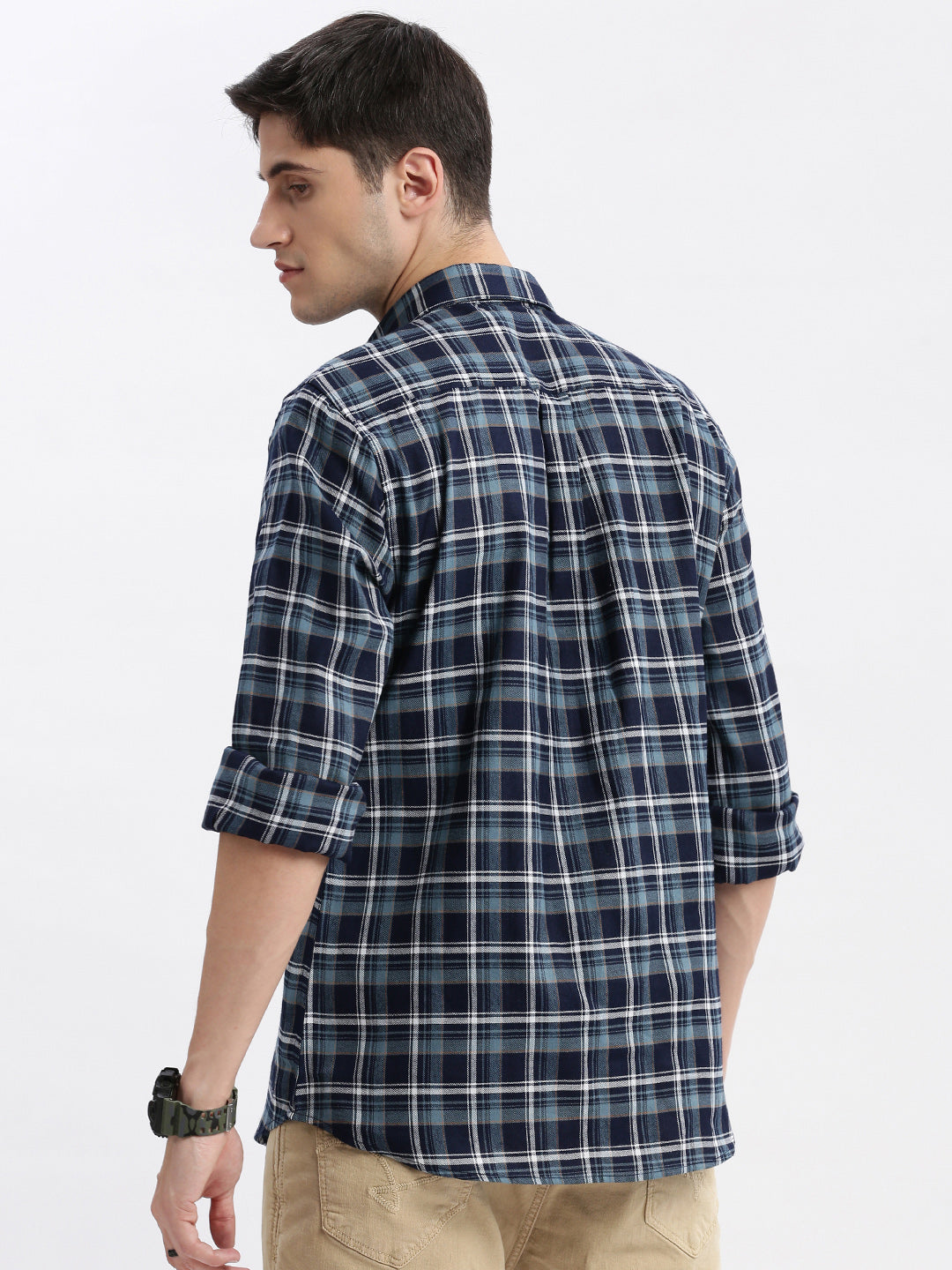 Men Spread Collar Tartan Checks Navy Blue Shirt