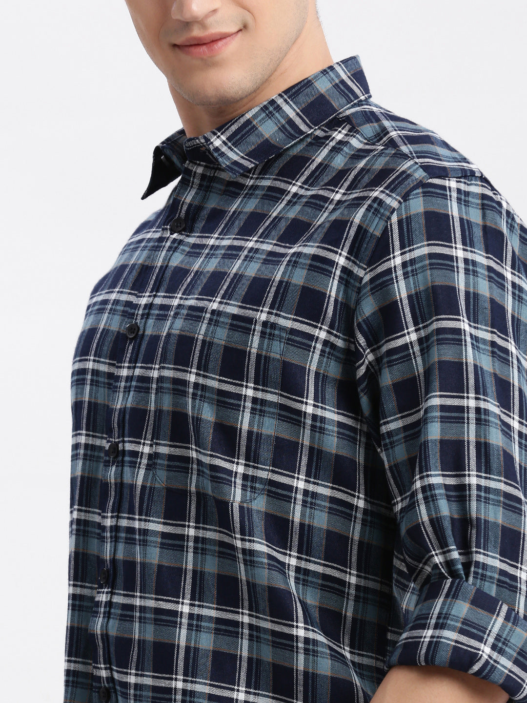 Men Spread Collar Tartan Checks Navy Blue Shirt