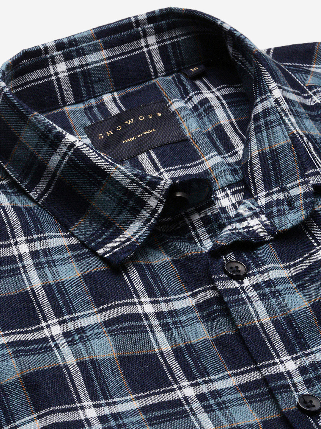 Men Spread Collar Tartan Checks Navy Blue Shirt