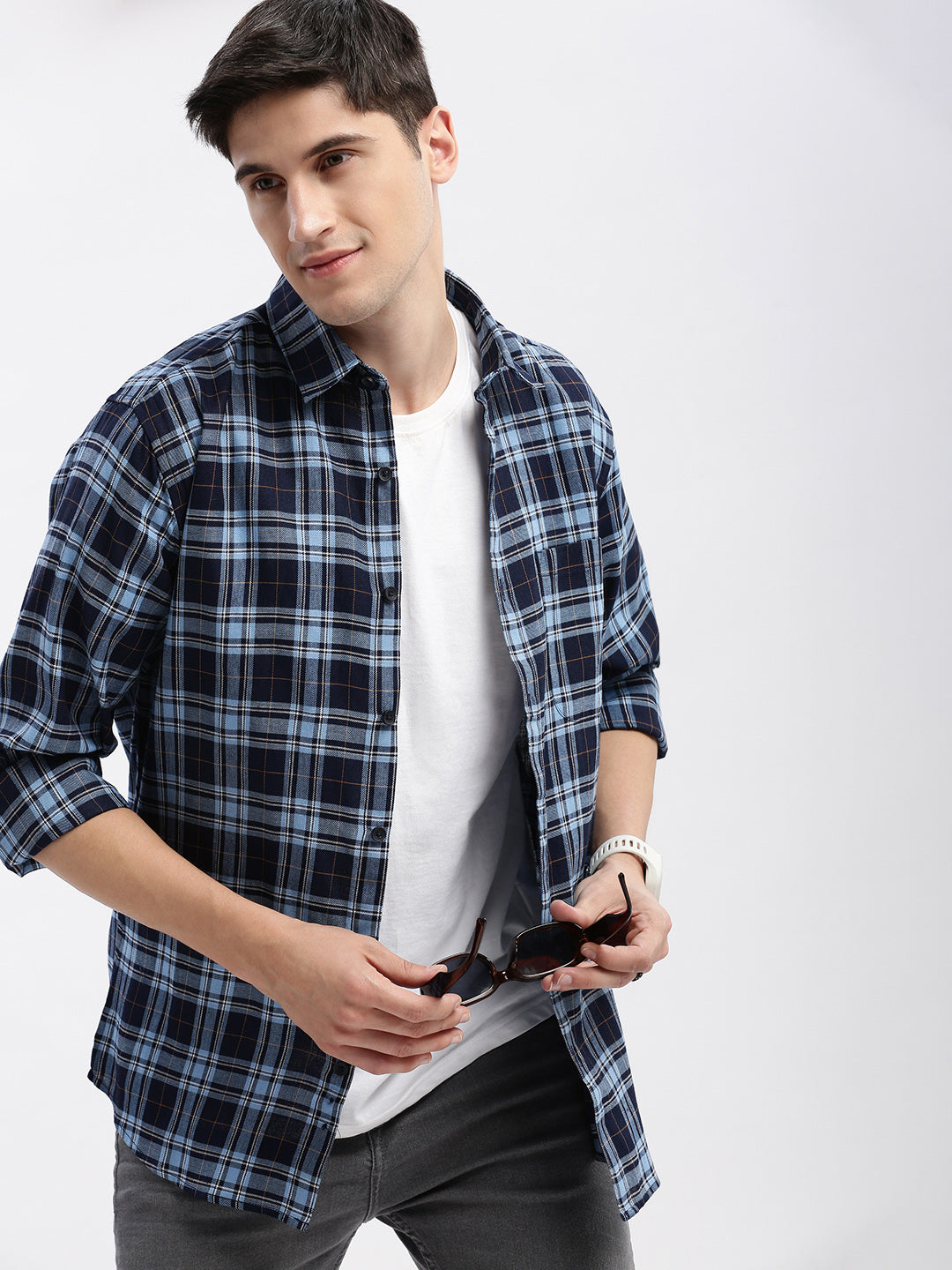 Men Spread Collar Tartan Checks Blue Shirt