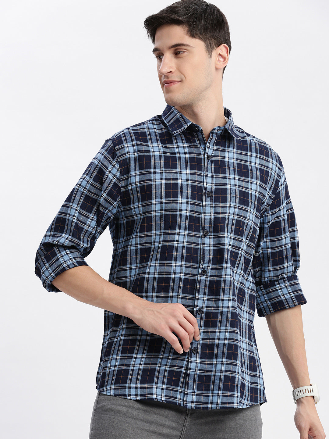 Men Spread Collar Tartan Checks Blue Shirt