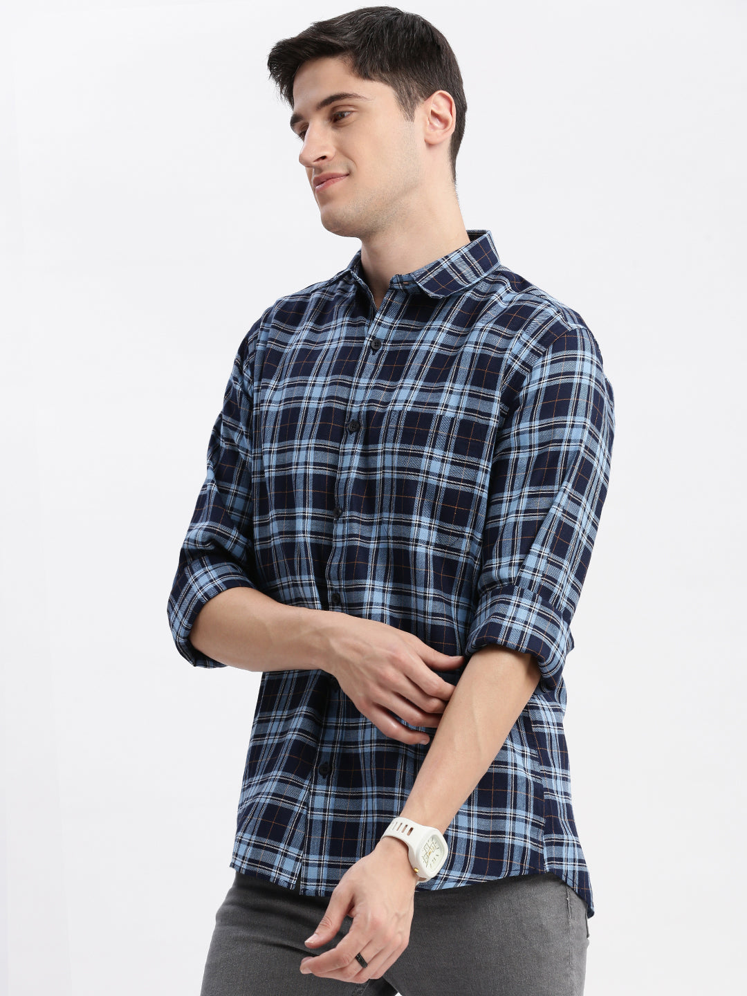 Men Spread Collar Tartan Checks Blue Shirt