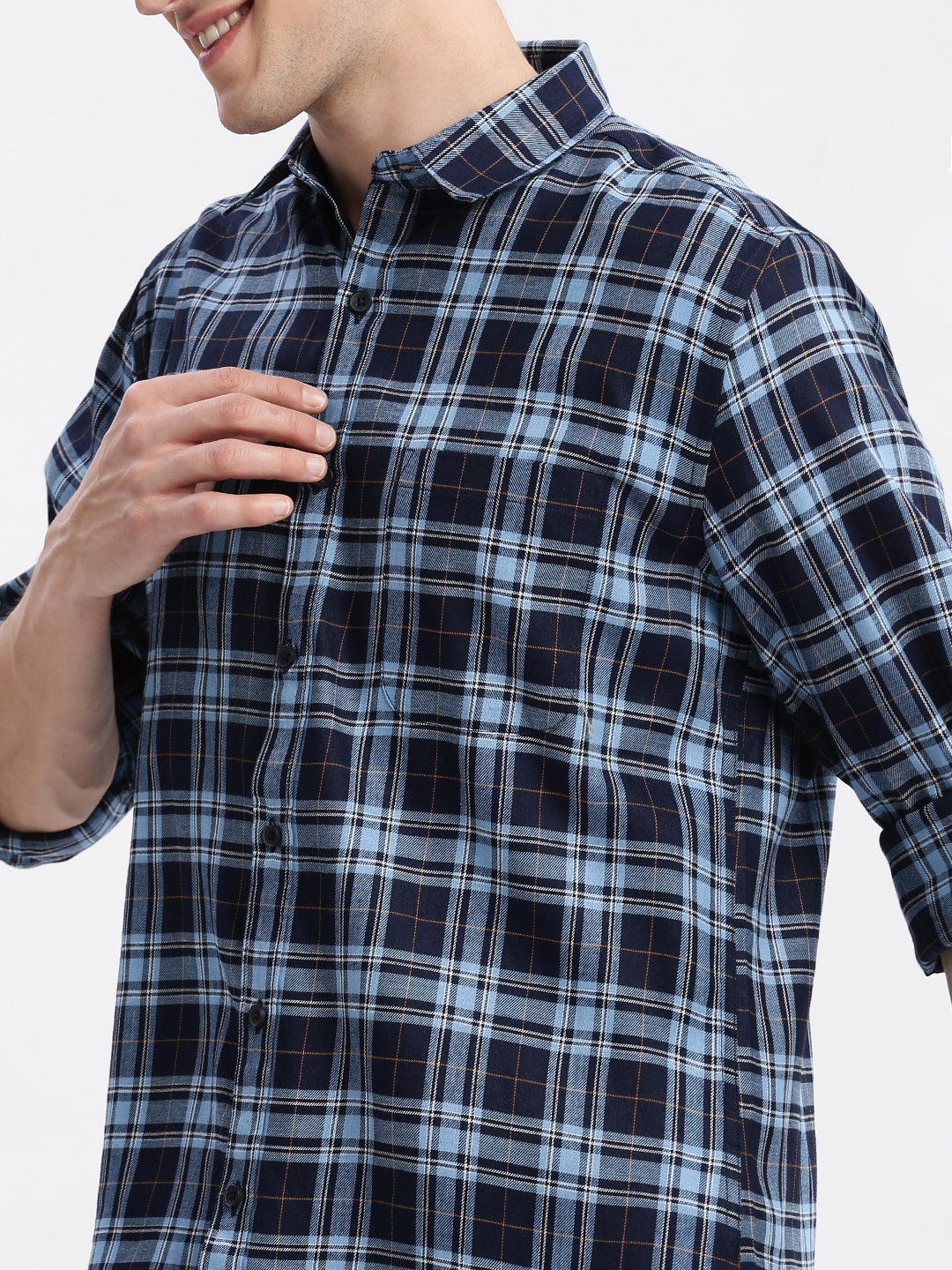 Men Spread Collar Tartan Checks Blue Shirt