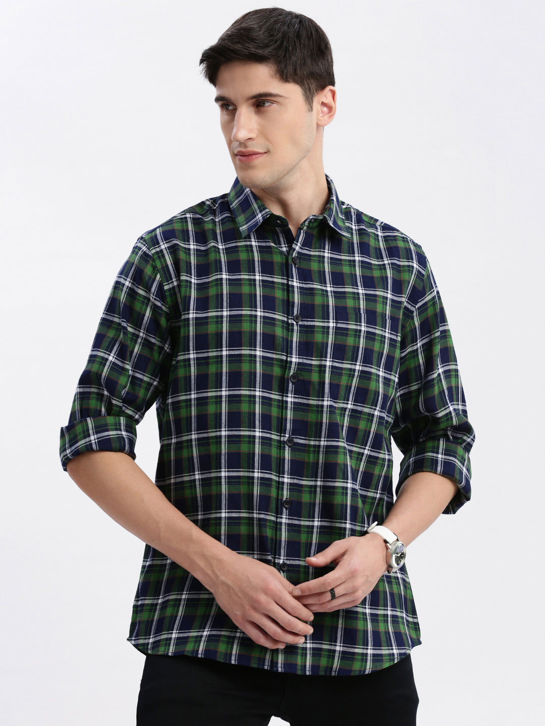 Men Spread Collar Tartan Checks Green Shirt