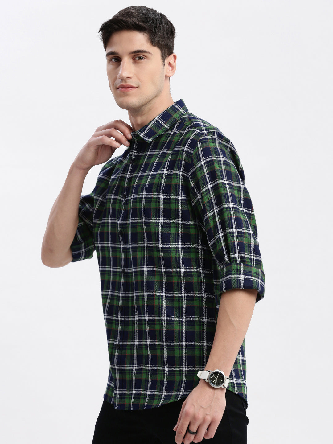 Men Spread Collar Tartan Checks Green Shirt