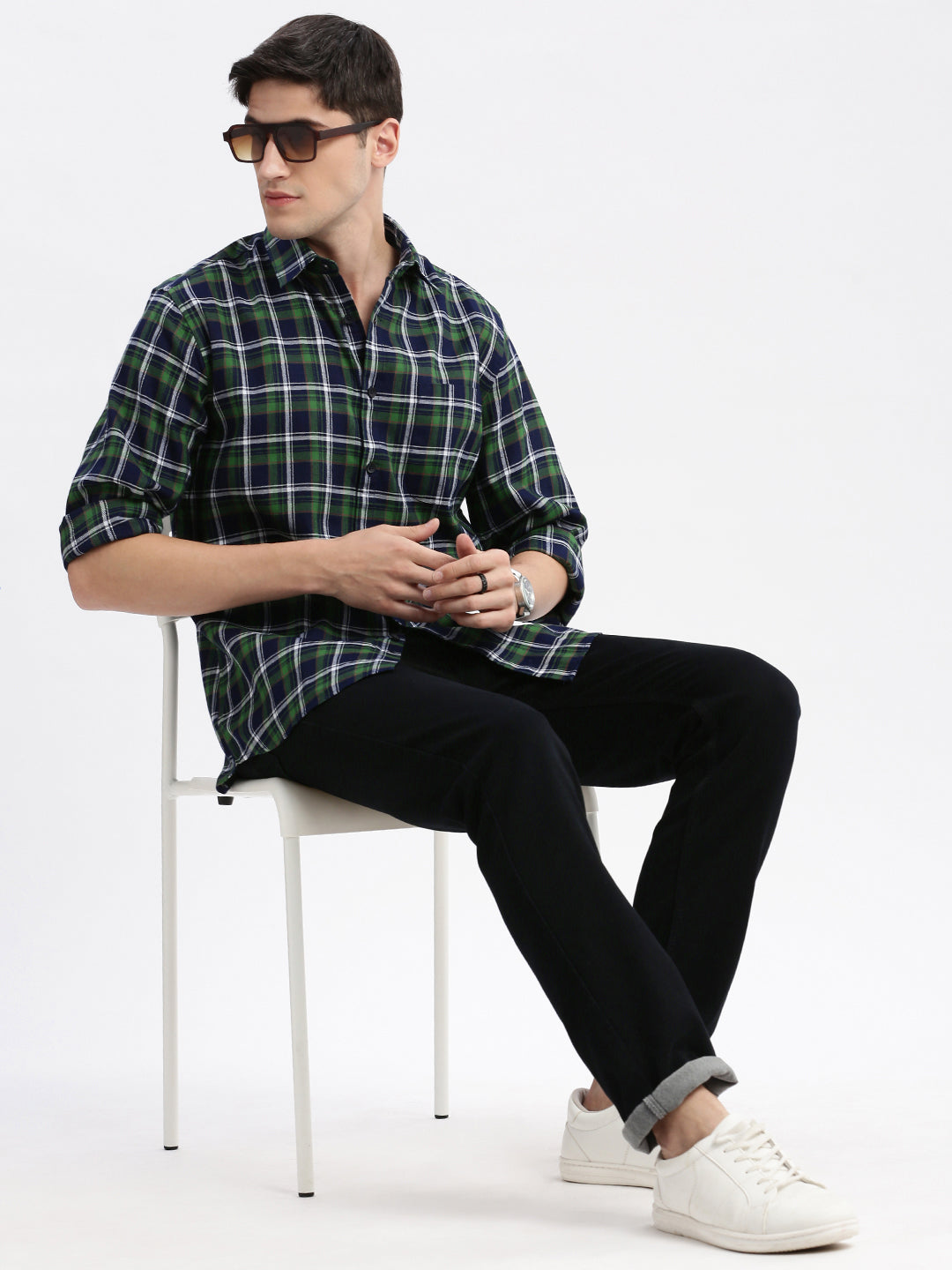 Men Spread Collar Tartan Checks Green Shirt